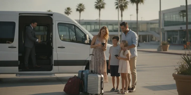 Private passenger van waiting near an airport curb as travelers prepare for a planned stop