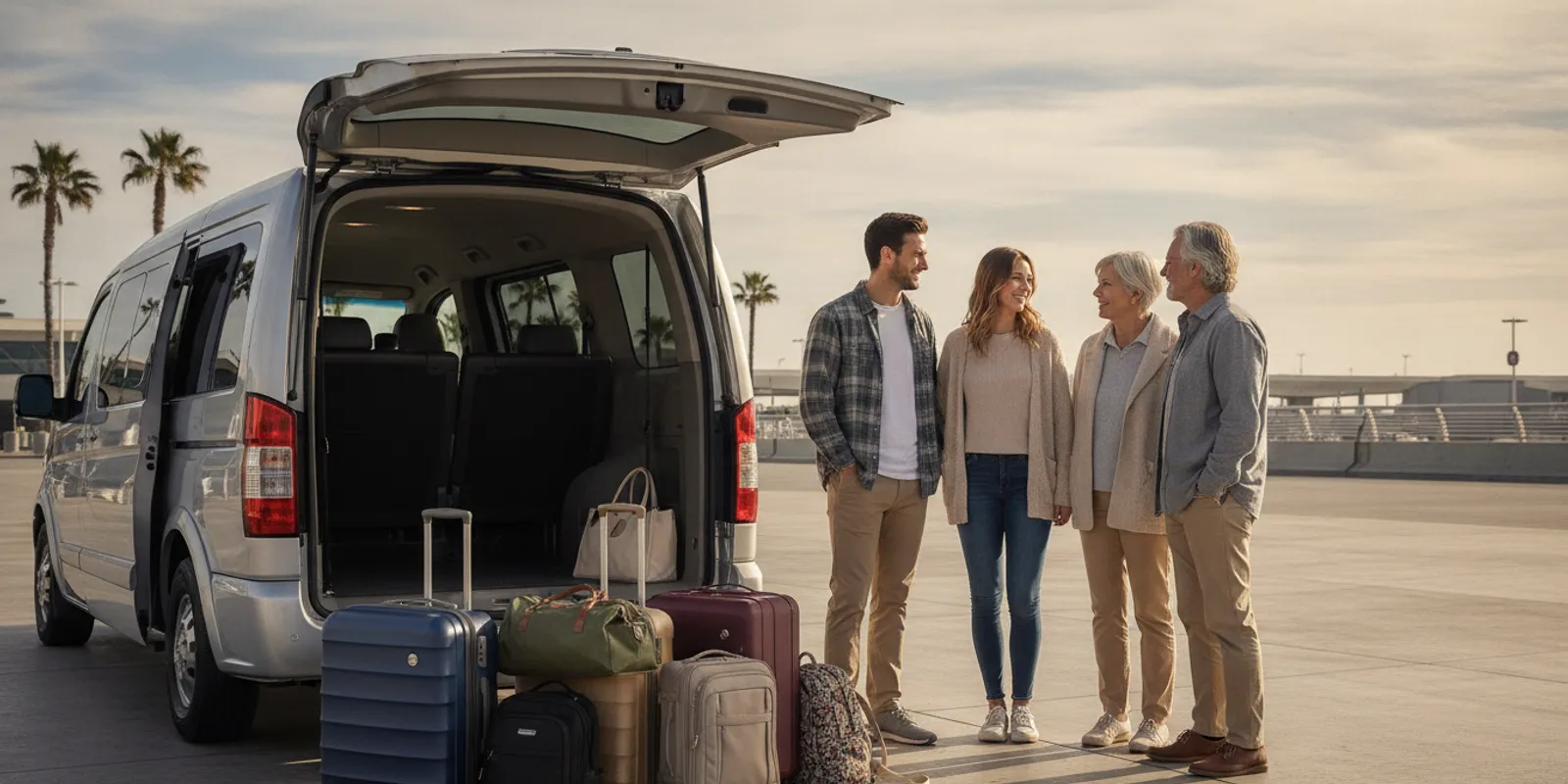 Private passenger van with suitcases arranged beside it before an airport transfer