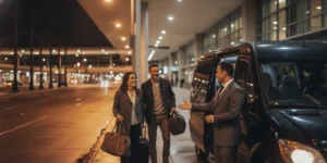 Travelers meeting their pre-booked private van outside LAX at night