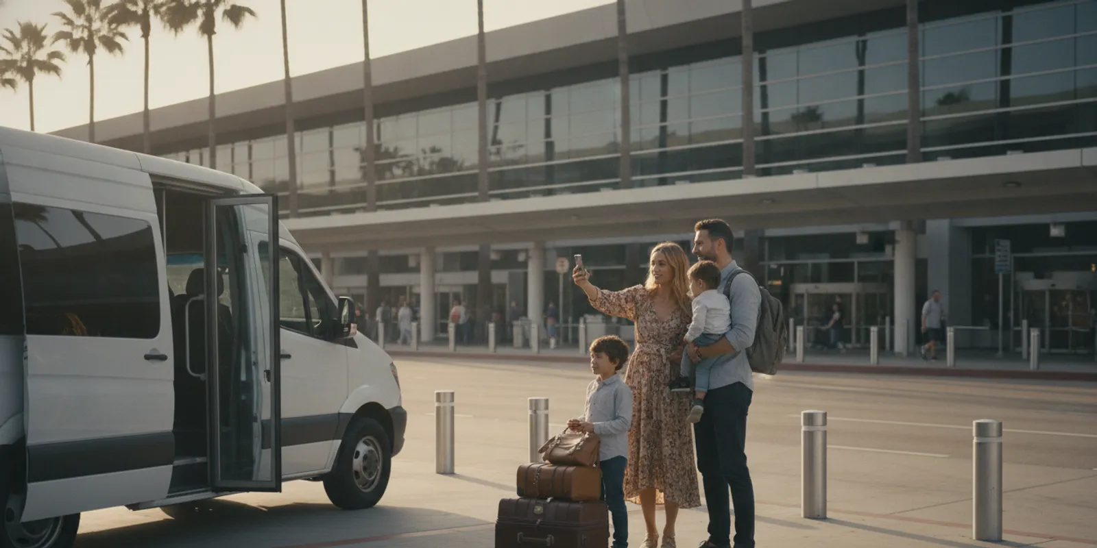 Private passenger van waiting outside an airport terminal as travelers plan a connection
