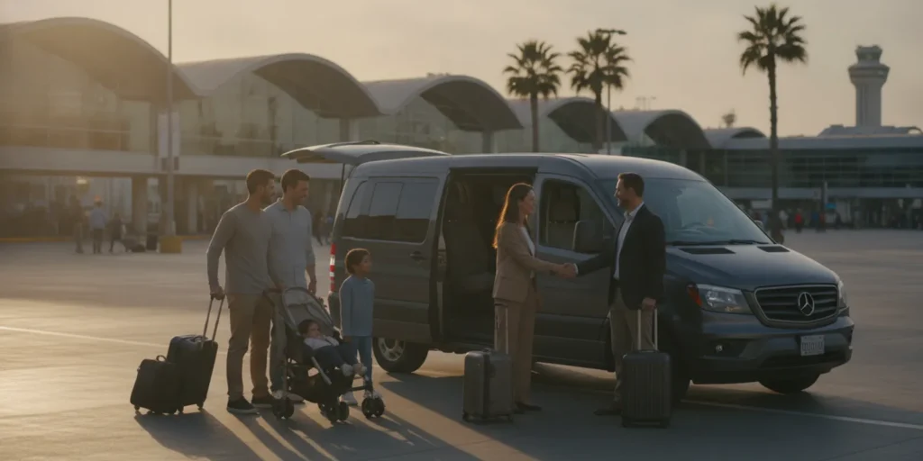 Travelers with luggage meeting a private van outside an airport terminal