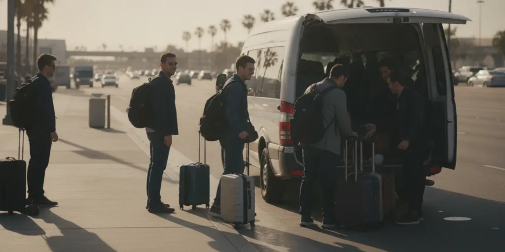 Private passenger van waiting at an airport pickup area for travelers heading to Glendale