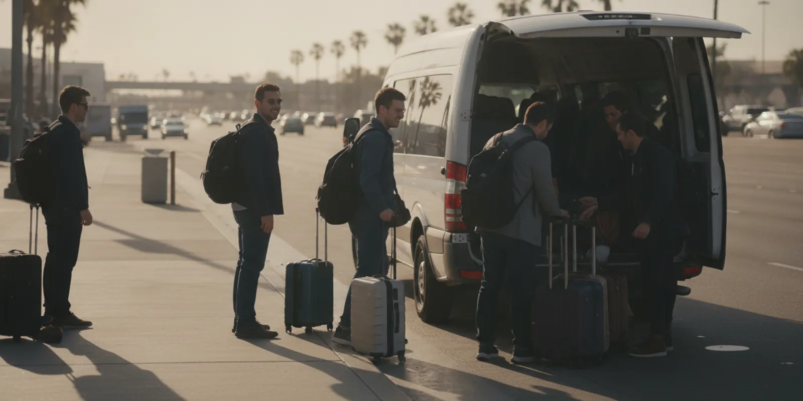 Private passenger van waiting at an airport pickup area for travelers heading to Glendale