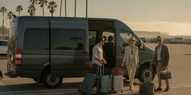 Private passenger van ready to take travelers from LAX toward Newport Beach