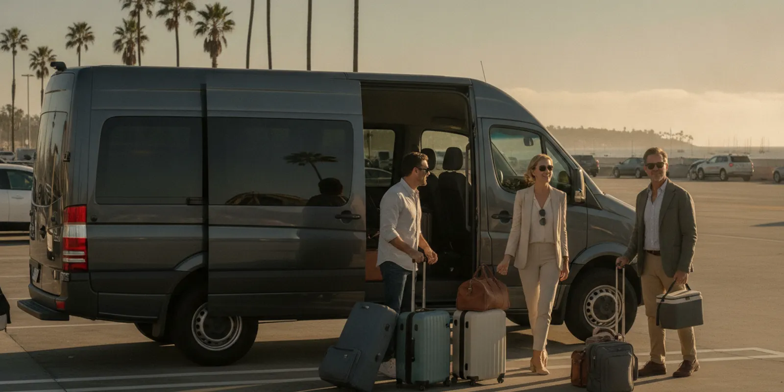 Private passenger van ready to take travelers from LAX toward Newport Beach