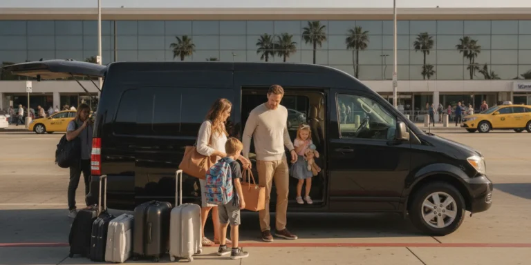 Private passenger van waiting for travelers outside an airport terminal